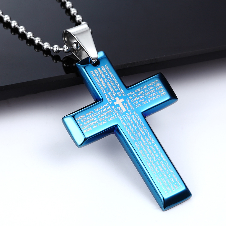 Western Style Blue Bible Cross Necklace Titanium Steel Pendant Stainless Steel Necklace