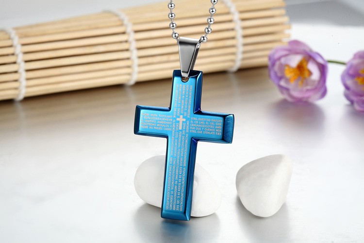 Western Style Blue Bible Cross Necklace Titanium Steel Pendant Stainless Steel Necklace