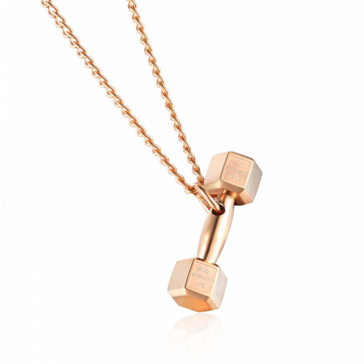 Titanium Steel Necklace Men and Women Simple Punk Fashion Body Dumbbell Pendant Hollowed Out Trend Gift Creative Personality Vintage Pop Golden