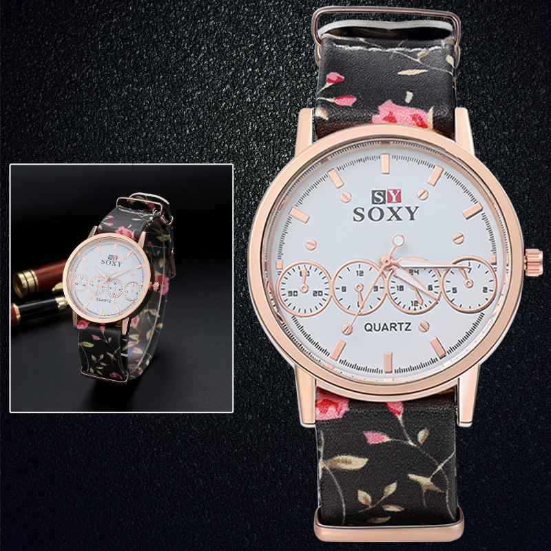 Ms Printing Belt Watch Fashion Four Eyes Quartz Wild Fashion Watch