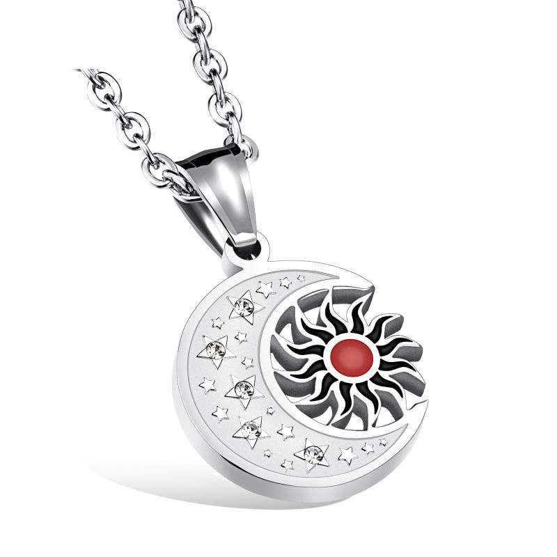 Western Style Retro Sun Moon Diamond Titanium Steel Men Necklace