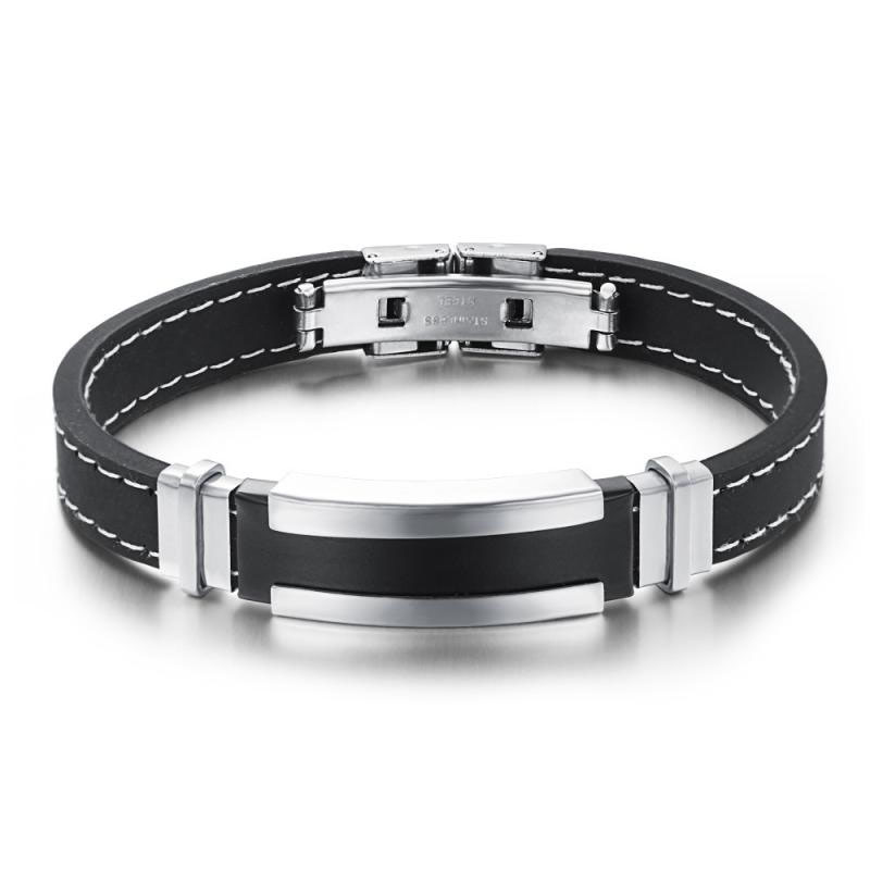 Retro Trend Men Fashion Simple Wristband Stainless Steel Silica gel Bracelet