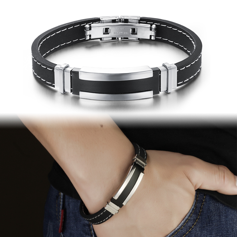 Retro Trend Men Fashion Simple Wristband Stainless Steel Silica gel Bracelet