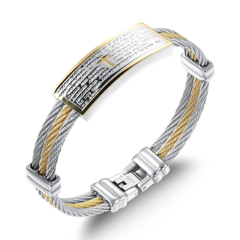 Men Titanium Steel Three Laps Wire Weaving hemp Rope Wristband  Gold-plated Cross The Bible Bracelet