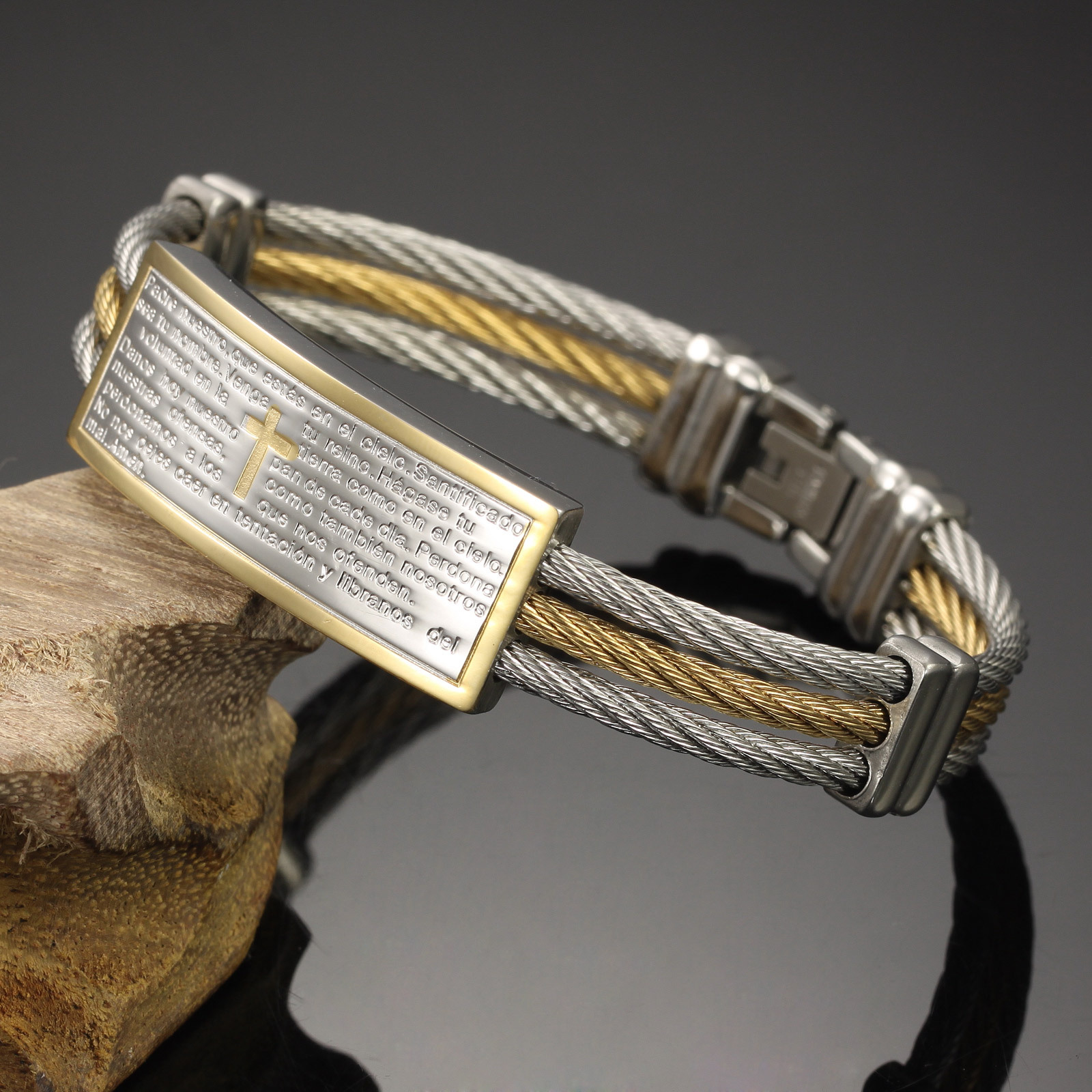 Men Titanium Steel Three Laps Wire Weaving hemp Rope Wristband  Gold-plated Cross The Bible Bracelet