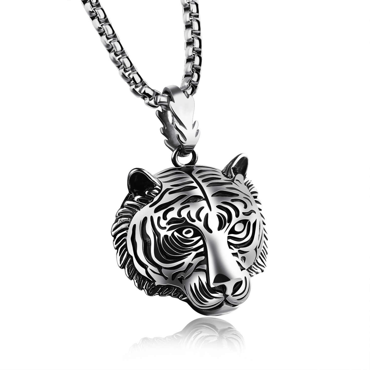 Western Style Men Hip hop Pendant Domineering Tiger Head Stainless Steel Necklace
