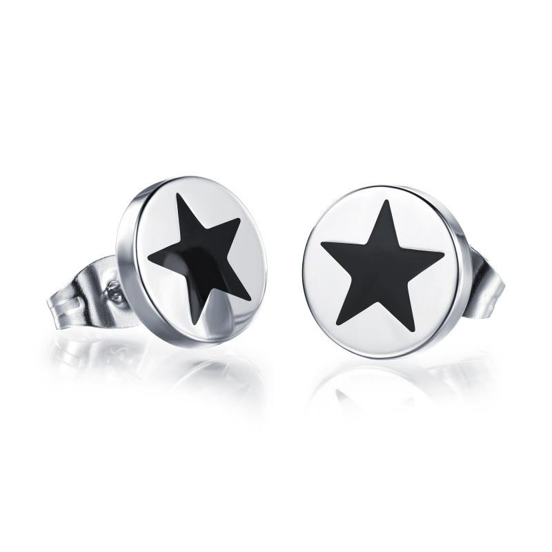 Men Titanium Steel Earrings Fashion Simple Flat Round Five-Pointed Star Earrin