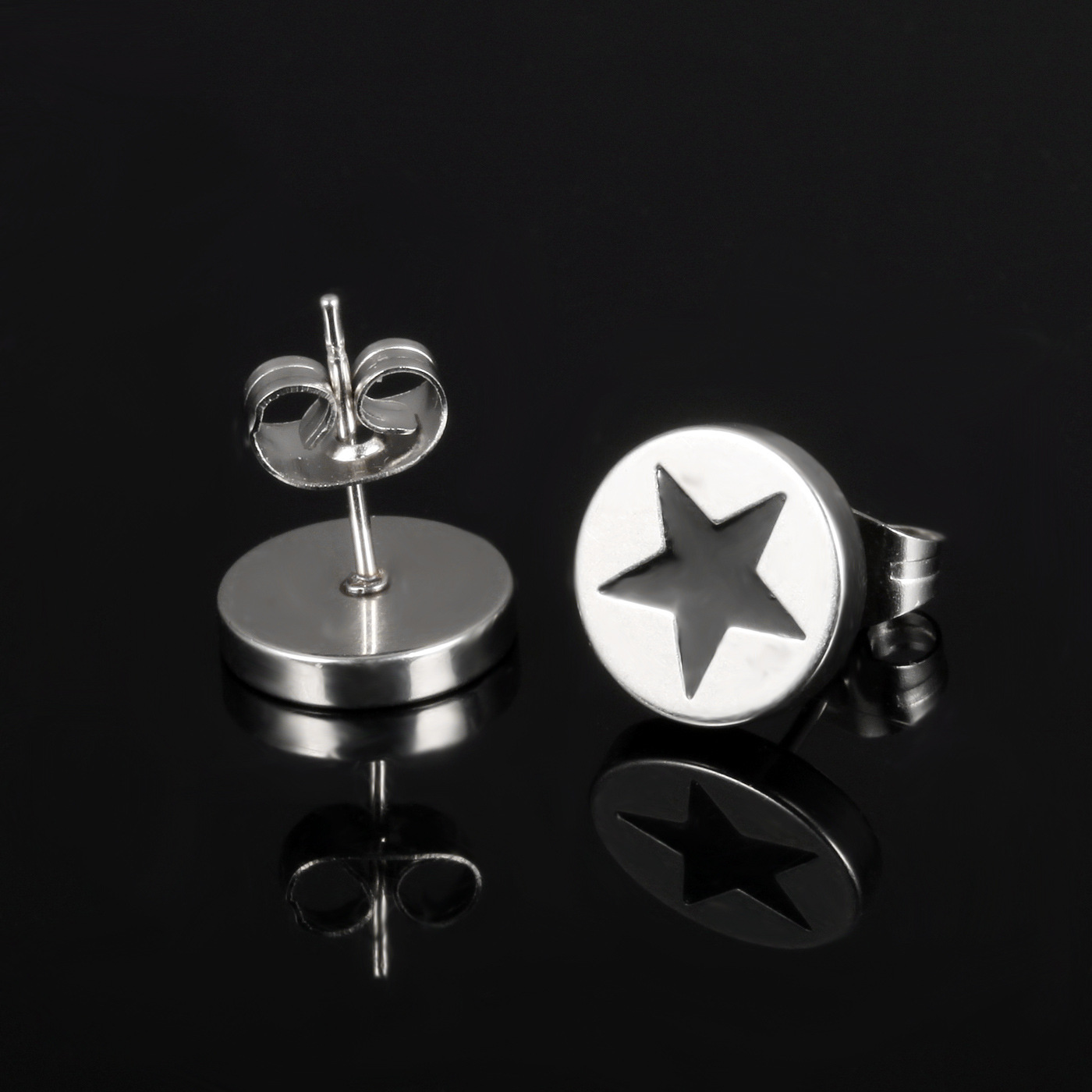 Men Titanium Steel Earrings Fashion Simple Flat Round Five-Pointed Star Earrin