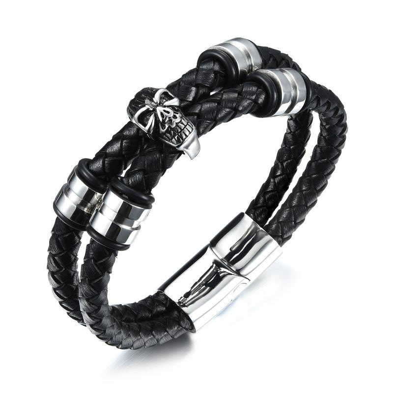 Trend Rocking Punk Wind Double Ring Weave Leather Ring Skull Head Steel Buckle Bracelet