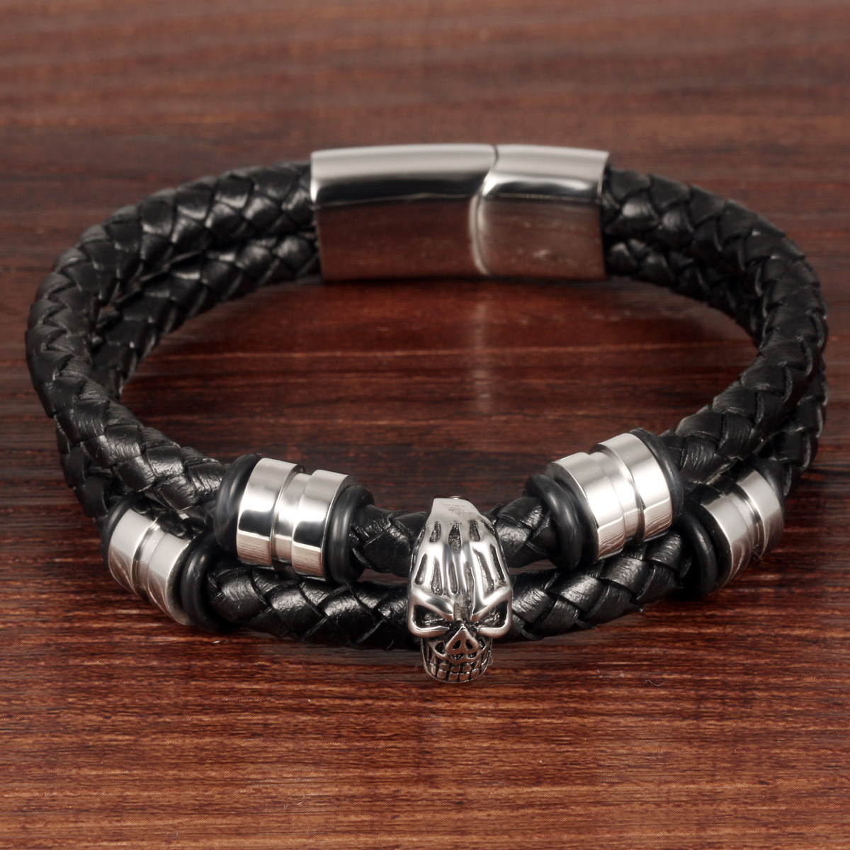 Trend Rocking Punk Wind Double Ring Weave Leather Ring Skull Head Steel Buckle Bracelet