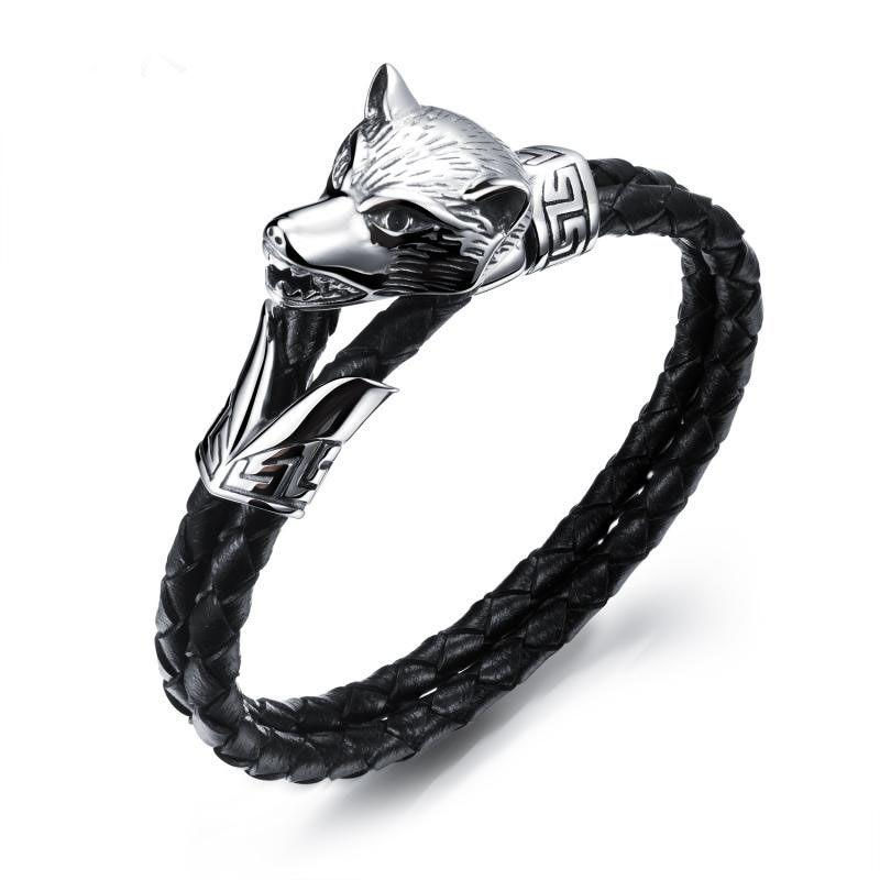 Men Creative Wolf Head Buckle Bracelet Fashion Men Leather Double Layer Weave Wristband