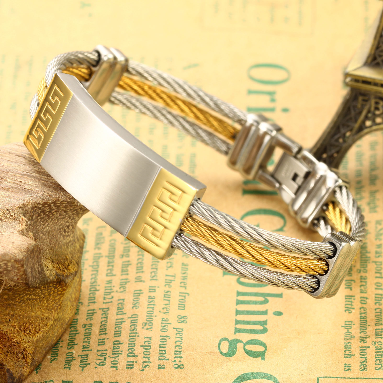 Fashion Wire Weave Hemp Rope Wristband Smooth Wrinkle Stainless Steel Men Bracelet