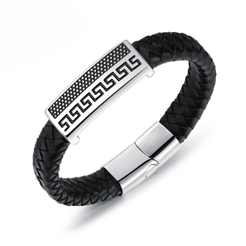 Classic Great Wall Pattern Titanium Steel Men Cowhide Bracelet Fashion Magnetic Buckle Bracelet