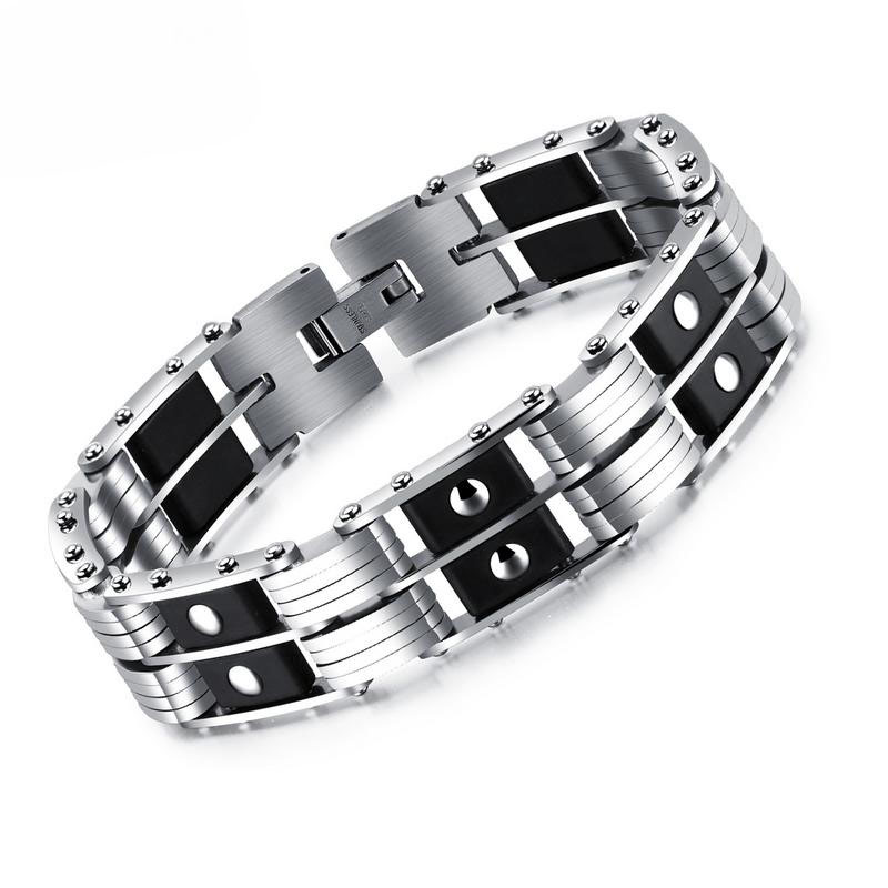 Fashion Stainless Steel Double Row Silica gel Bracelet Men Personality Jewelry