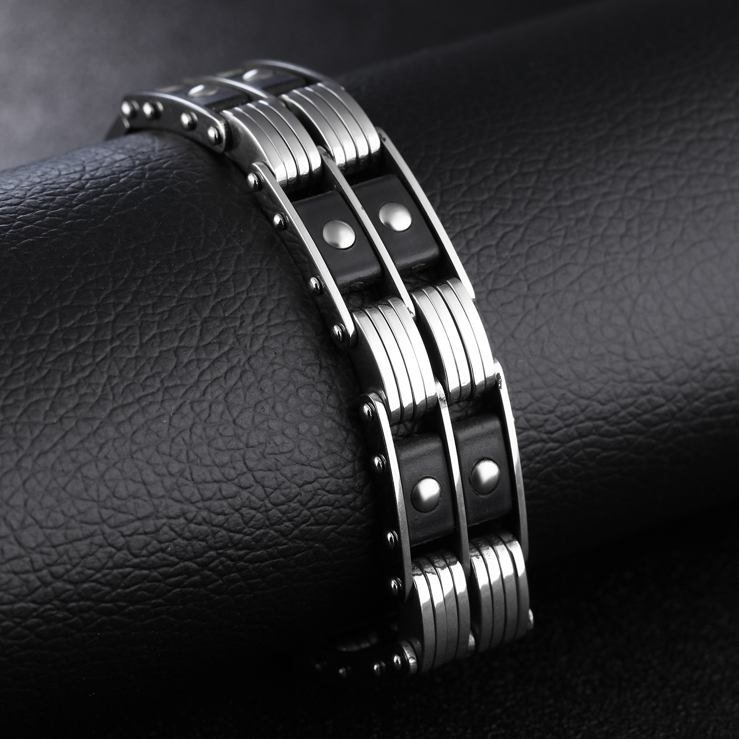 Fashion Stainless Steel Double Row Silica gel Bracelet Men Personality Jewelry