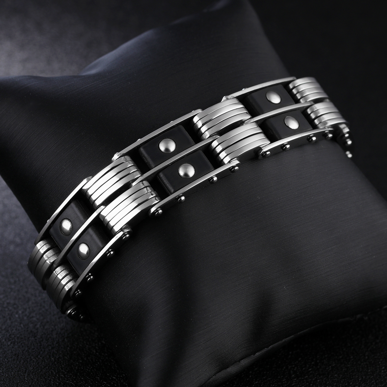 Fashion Stainless Steel Double Row Silica gel Bracelet Men Personality Jewelry