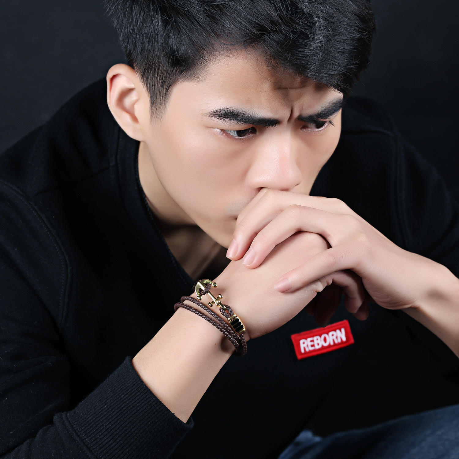 The New Ship Anchored Cross Stainless Steel Men Fashion Personality Leather Bracelet