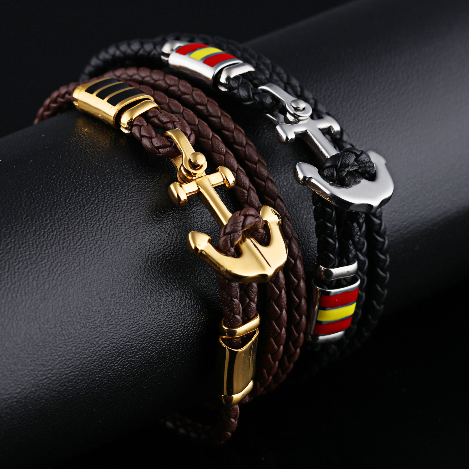 The New Ship Anchored Cross Stainless Steel Men Fashion Personality Leather Bracelet