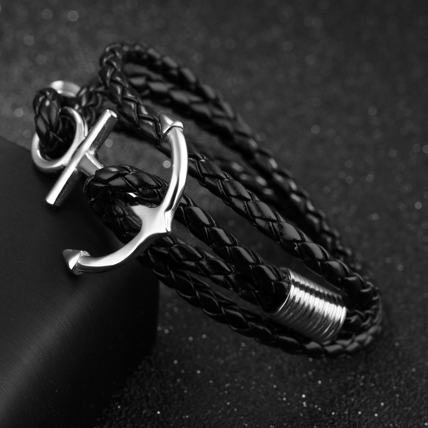 Fashion Creative Manual Double Rope Weave Bracelet Men Retro Personality Anchor Leather Ring