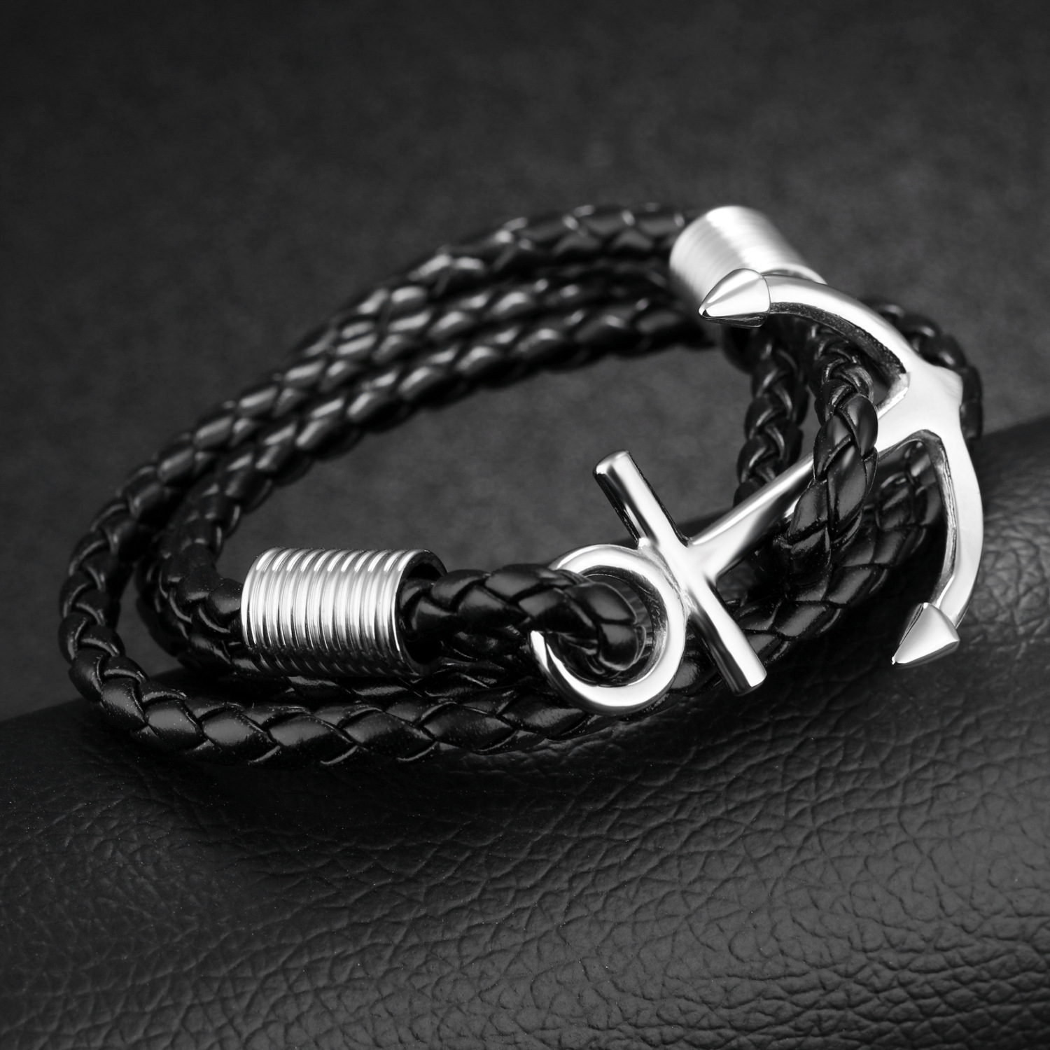 Fashion Creative Manual Double Rope Weave Bracelet Men Retro Personality Anchor Leather Ring