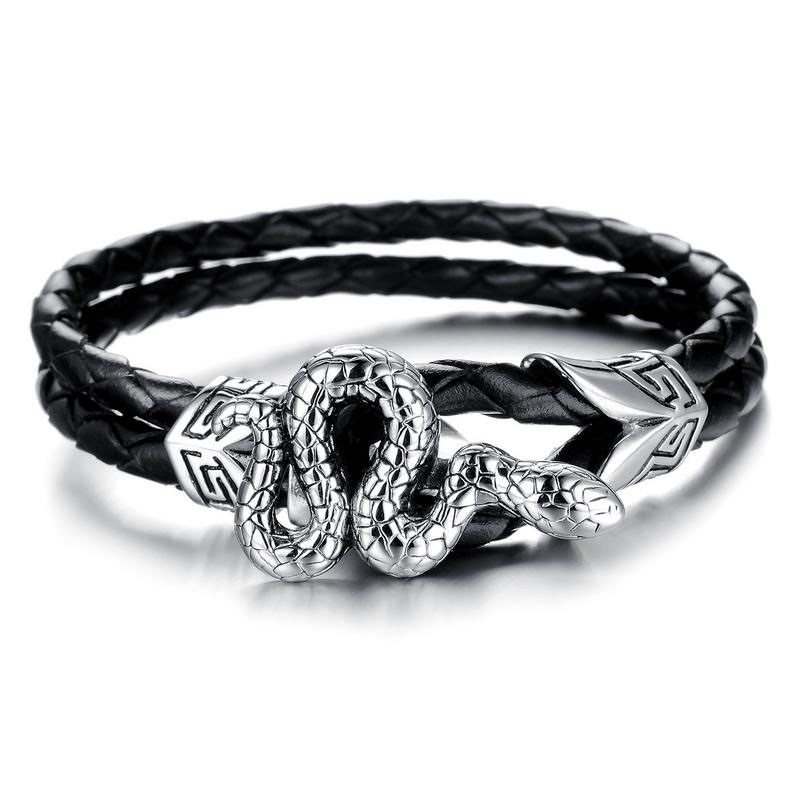 Western style fashion trend Creative personality Snake Men Titanium steel Leather rope Bracelet