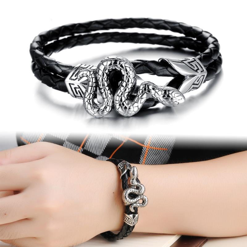 Western style fashion trend Creative personality Snake Men Titanium steel Leather rope Bracelet