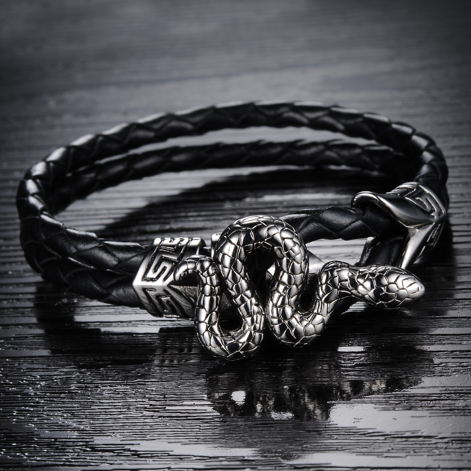 Western style fashion trend Creative personality Snake Men Titanium steel Leather rope Bracelet
