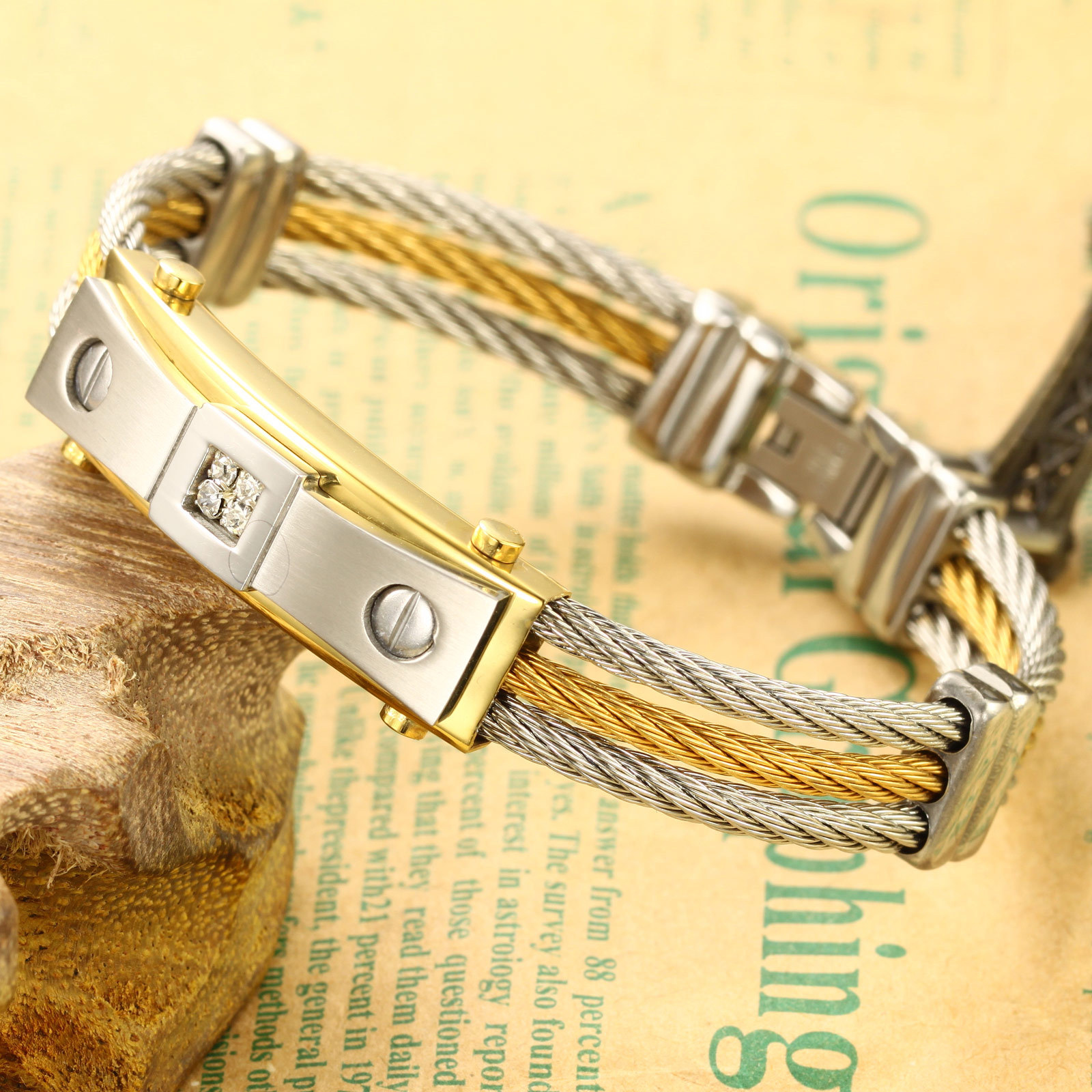 Wire Weave Hemp Rope wristband Men Between the gold Four Claws Diamond Titanium Steel Bracelet