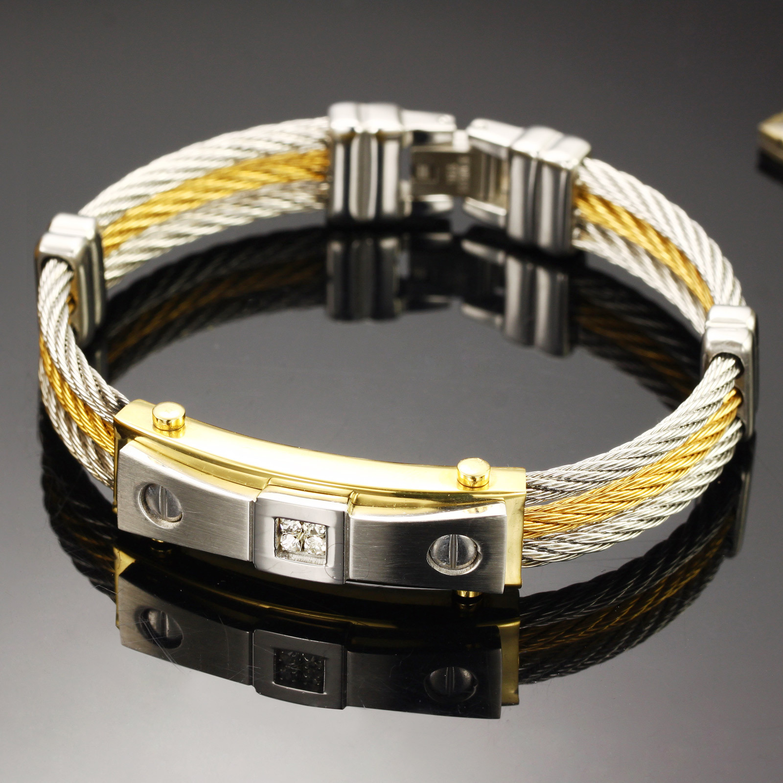 Wire Weave Hemp Rope wristband Men Between the gold Four Claws Diamond Titanium Steel Bracelet