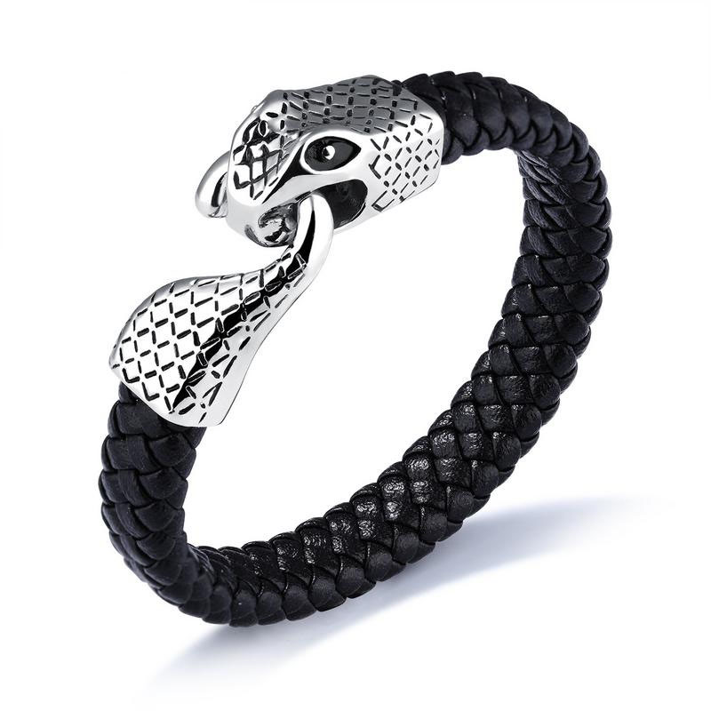 Western Style Hipster Wristband Personality Men Stainless Steel Snake Buckle Leather Bracelet
