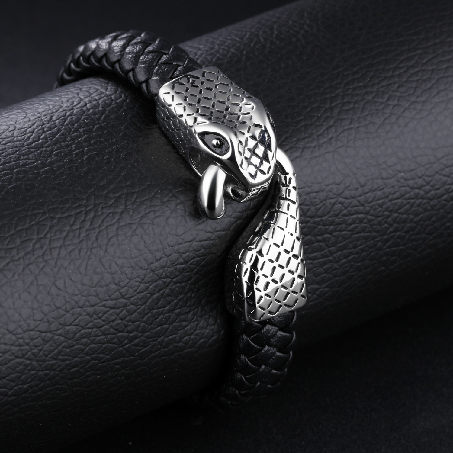 Western Style Hipster Wristband Personality Men Stainless Steel Snake Buckle Leather Bracelet