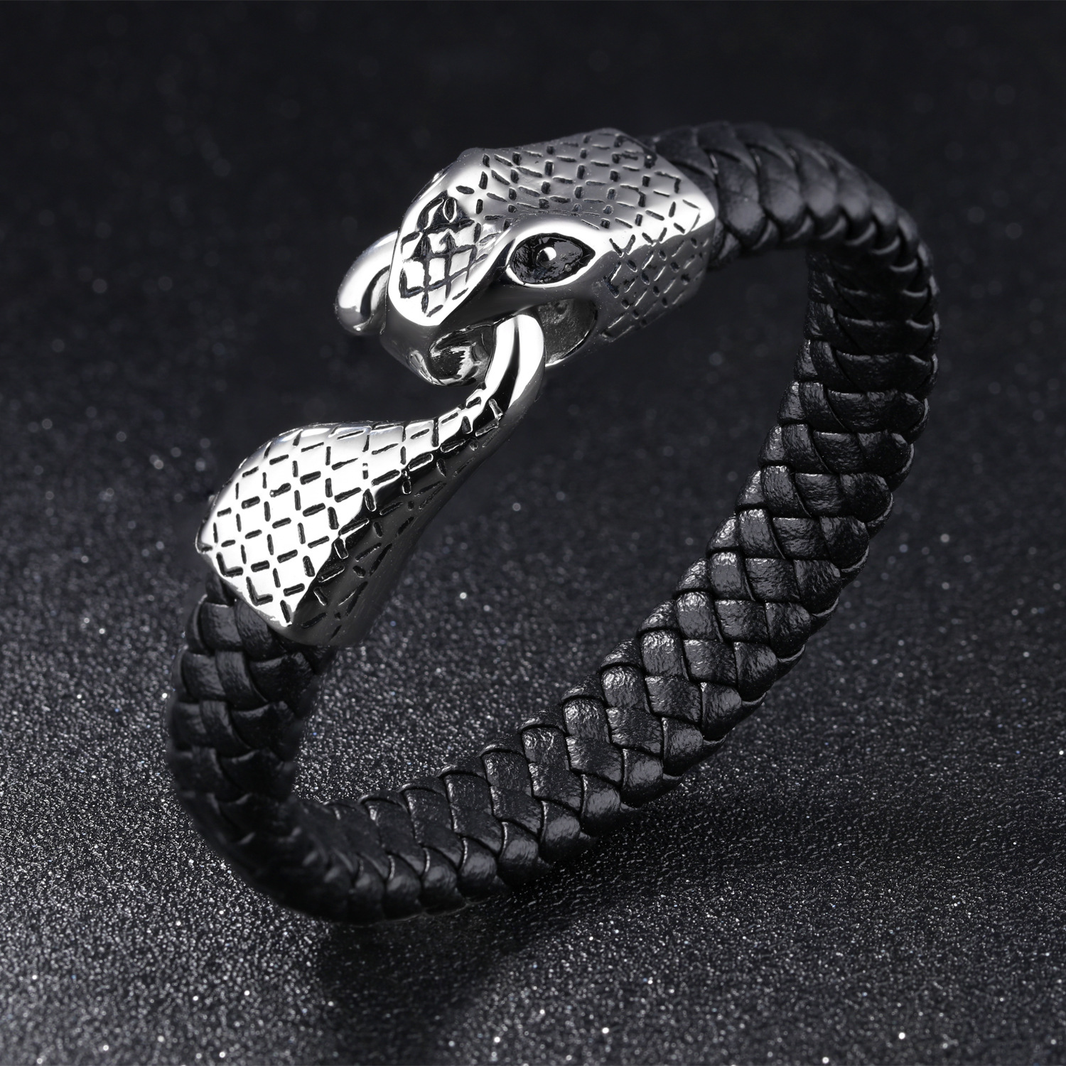 Western Style Hipster Wristband Personality Men Stainless Steel Snake Buckle Leather Bracelet