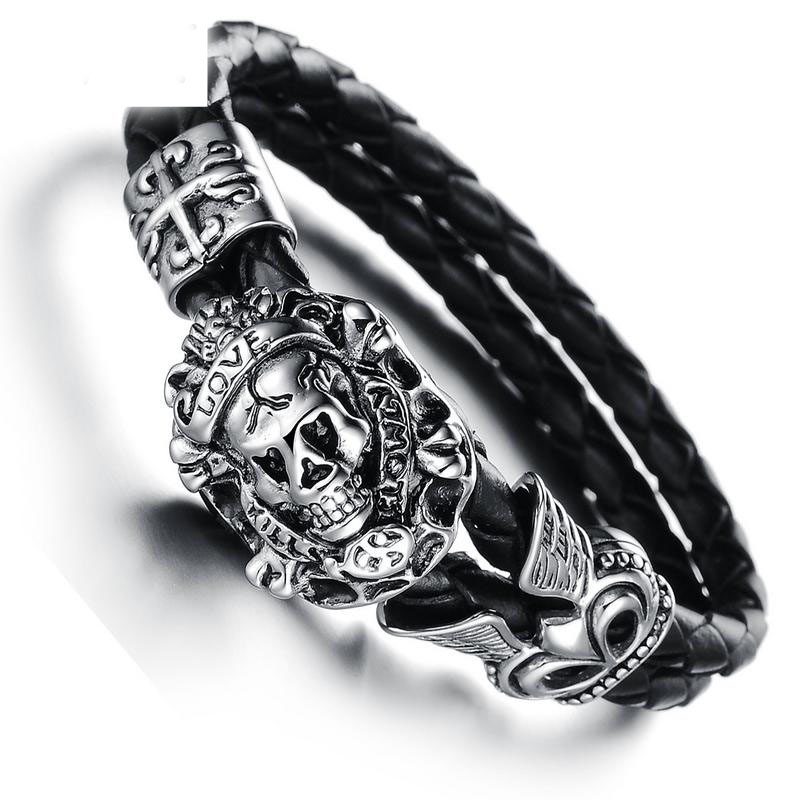 Western Style Fashion Trend Creative Personality Skull Head Titanium Steel Leather Rope Bracelet