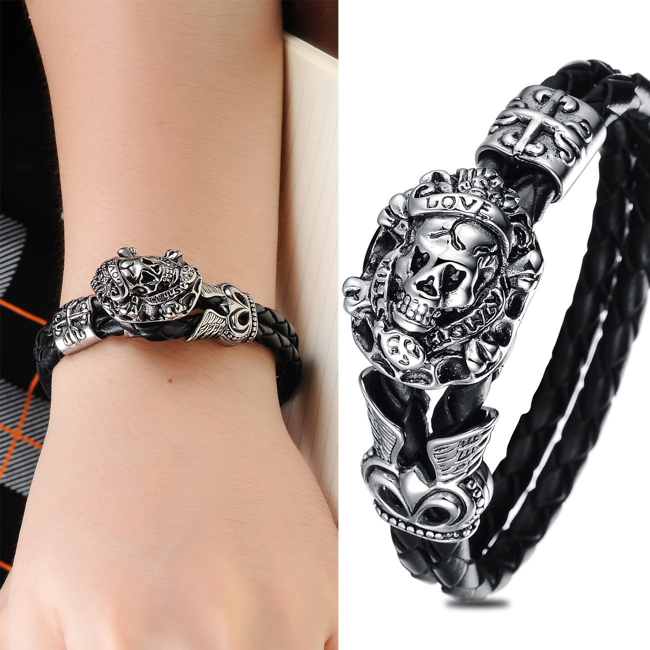 Western Style Fashion Trend Creative Personality Skull Head Titanium Steel Leather Rope Bracelet