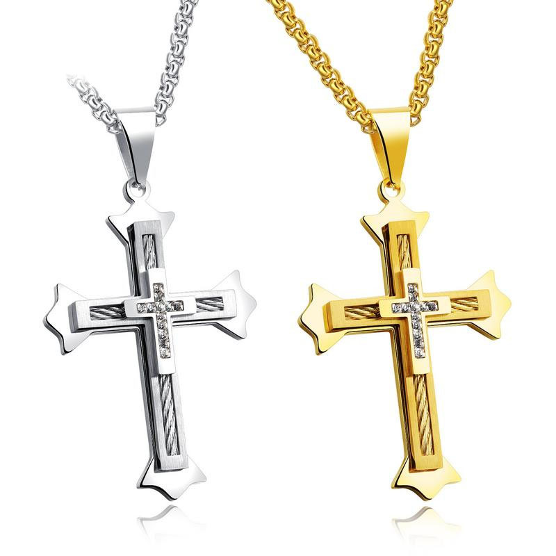 Western Style Wire Cross Diamond Pendant Christian Personality Fashion Titanium Steel Necklace