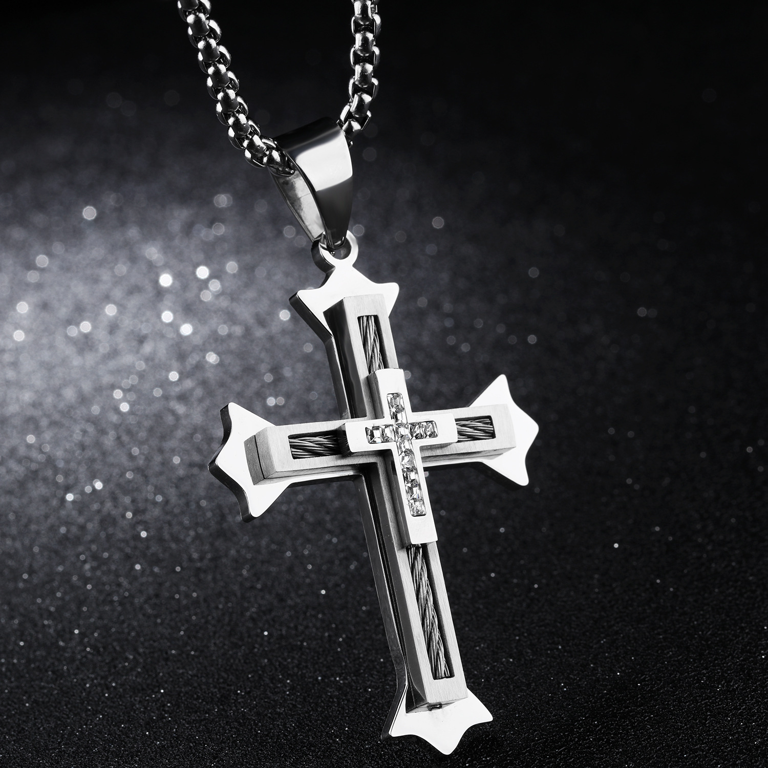 Western Style Wire Cross Diamond Pendant Christian Personality Fashion Titanium Steel Necklace
