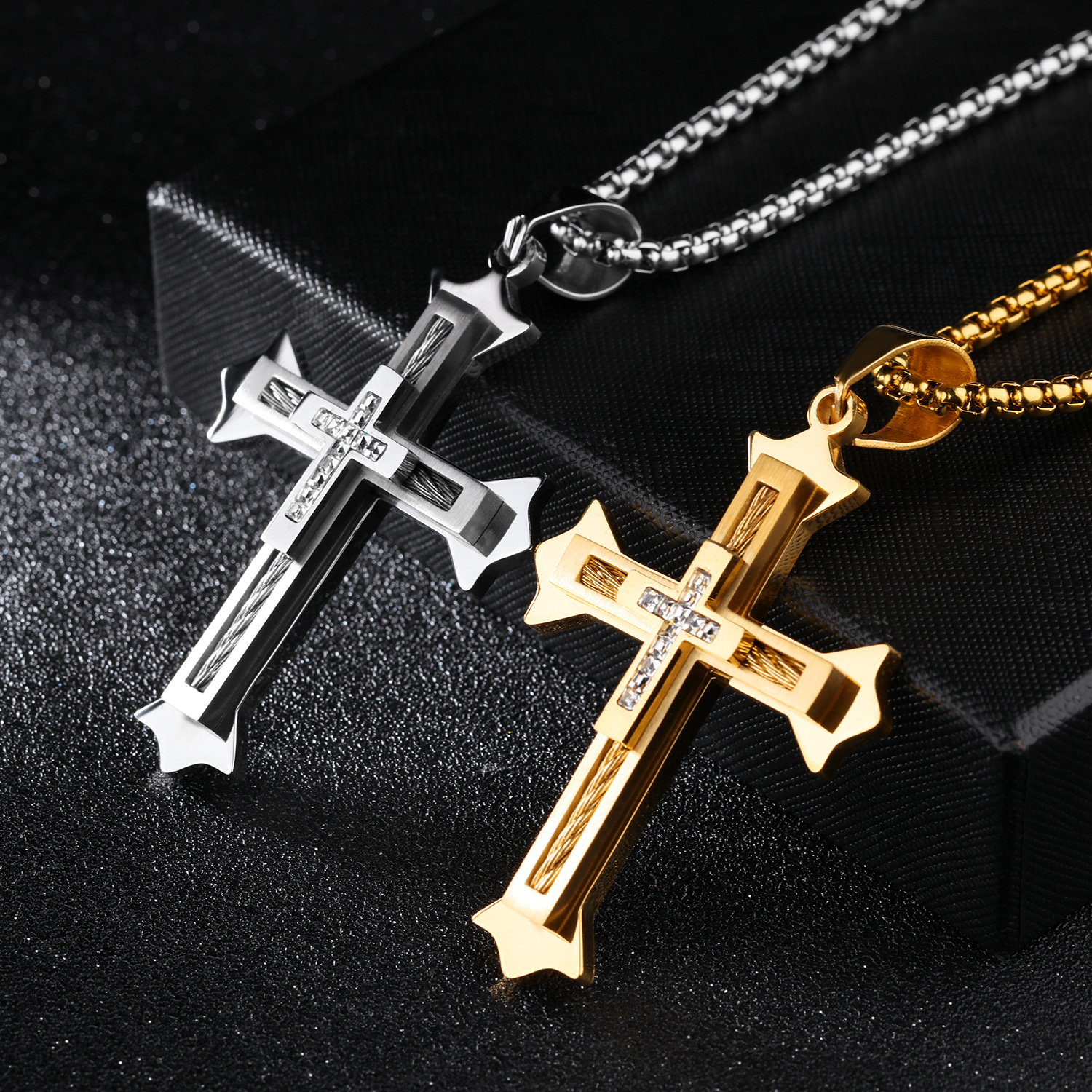 Western Style Wire Cross Diamond Pendant Christian Personality Fashion Titanium Steel Necklace