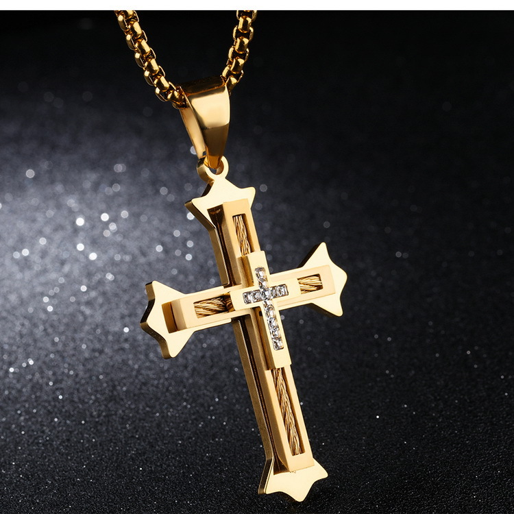 Western Style Wire Cross Diamond Pendant Christian Personality Fashion Titanium Steel Necklace