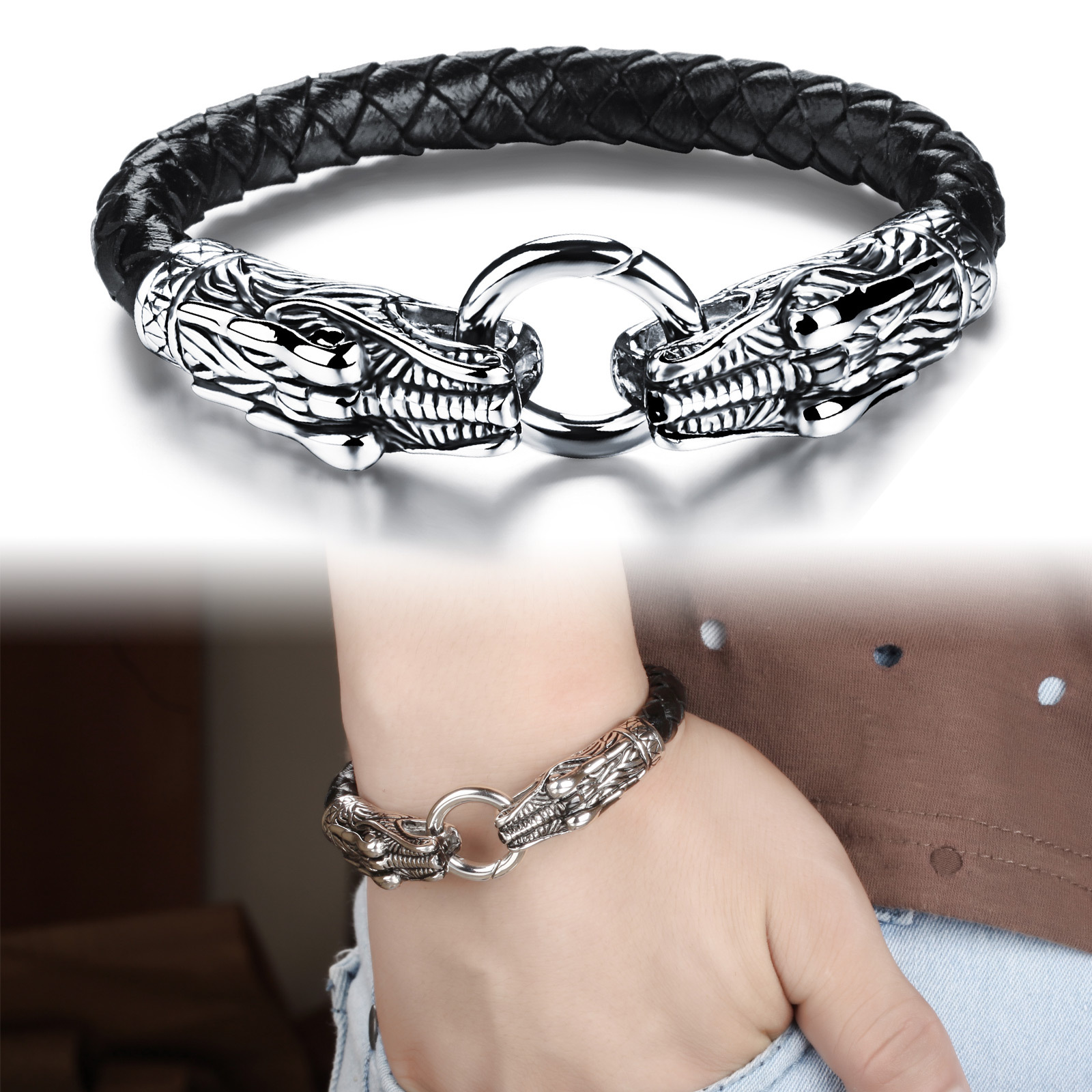 Western Style Personality Stainless Steel Buckle fine Gift Men Fashion Leather Bracelet