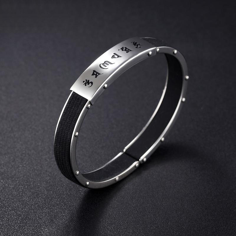 Western Style Retro Titanium Steel Bracelet Genuine Leather Six Words of Mantra Men Bracelet