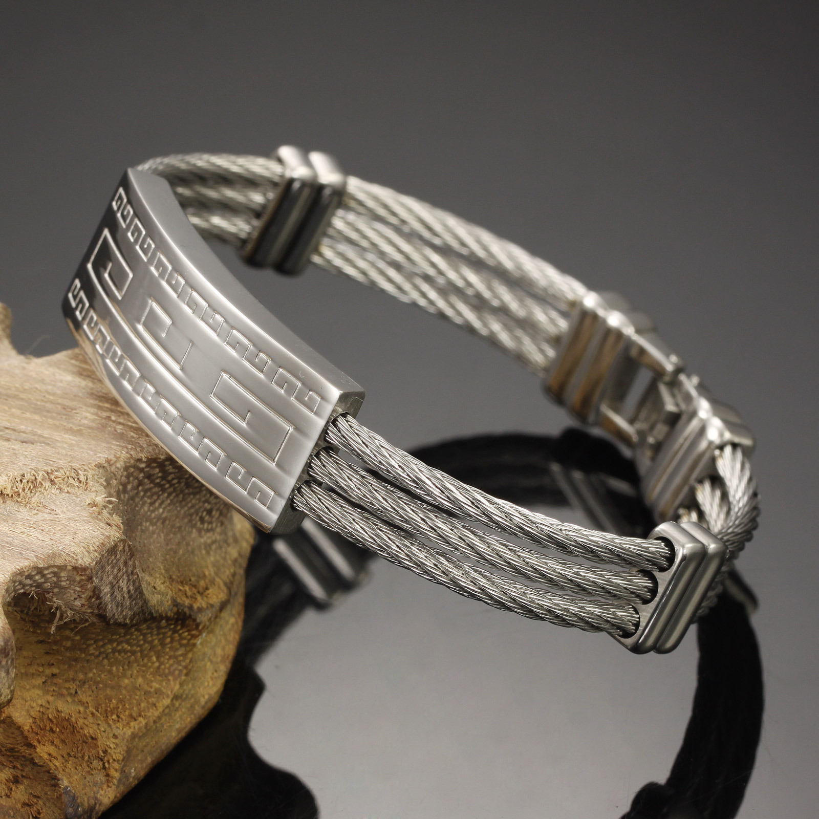 Men Three Laps Wire Weave Hemp Rope Stainless Steel Personality Fashion Wristband