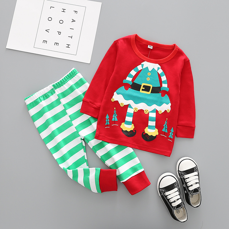 Western Style Child Cotton Christmas Old Man Set Elk Printed Stripes Long-sleeved Clothing