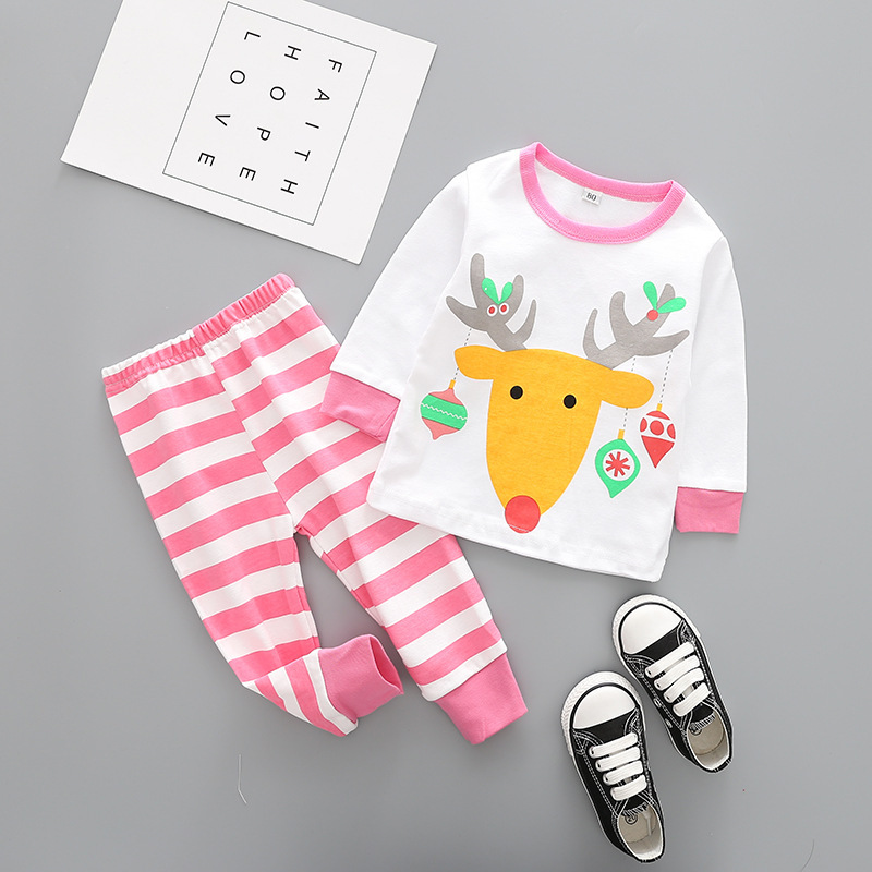 Western Style Child Cotton Christmas Old Man Set Elk Printed Stripes Long-sleeved Clothing