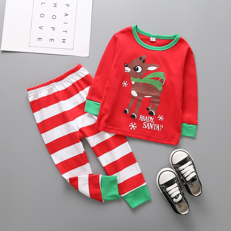 Western Style Child Cotton Christmas Old Man Set Elk Printed Stripes Long-sleeved Clothing