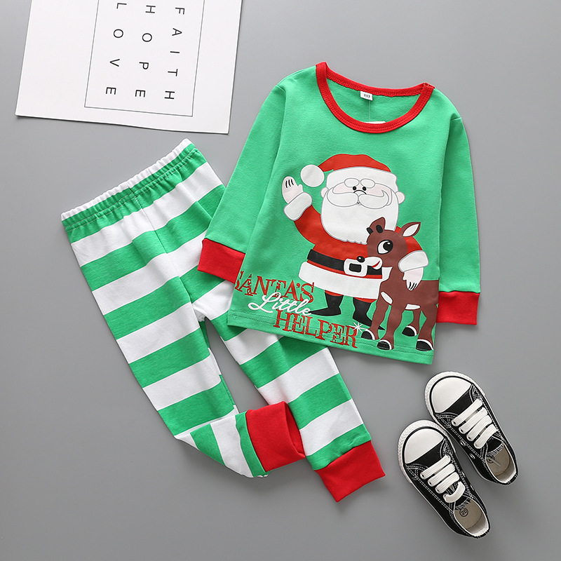 Western Style Child Cotton Christmas Old Man Set Elk Printed Stripes Long-sleeved Clothing