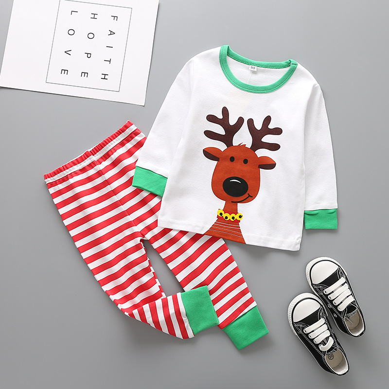 Western Style Child Cotton Christmas Old Man Set Elk Printed Stripes Long-sleeved Clothing