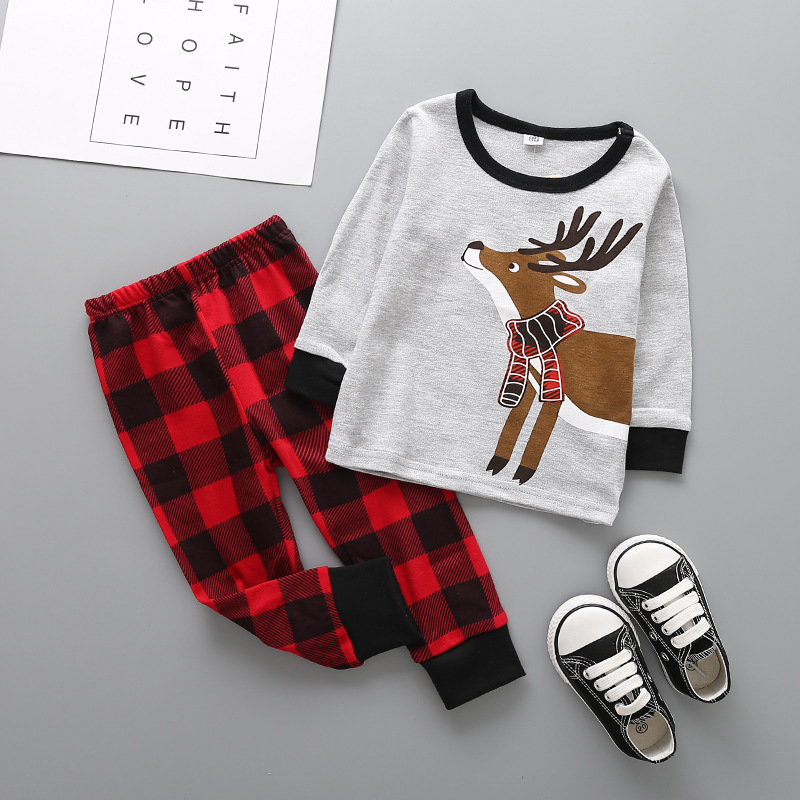 Western Style Child Cotton Christmas Old Man Set Elk Printed Stripes Long-sleeved Clothing