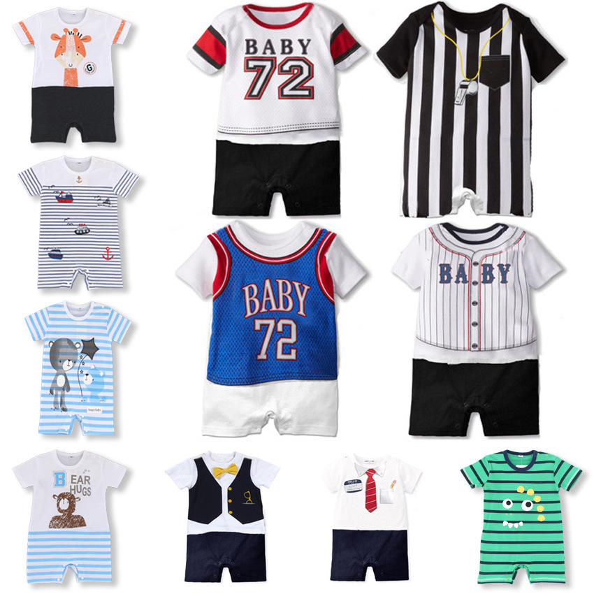 Western Style Baseball Baby Short Sleeve Stripe Printing Jumpsuit Child Clothing