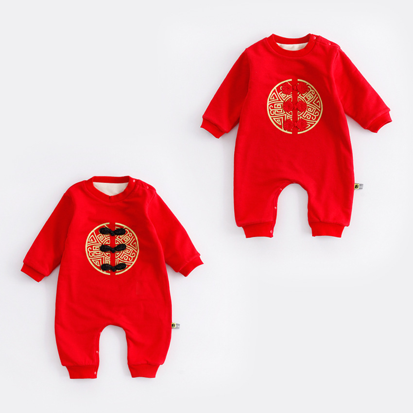 Chinese Style New Year Plus Cashmere Thickening Baby Clothing Romper Jumpsuit