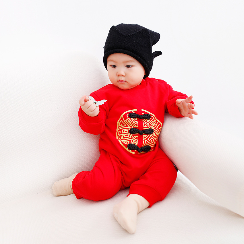 Chinese Style New Year Plus Cashmere Thickening Baby Clothing Romper Jumpsuit